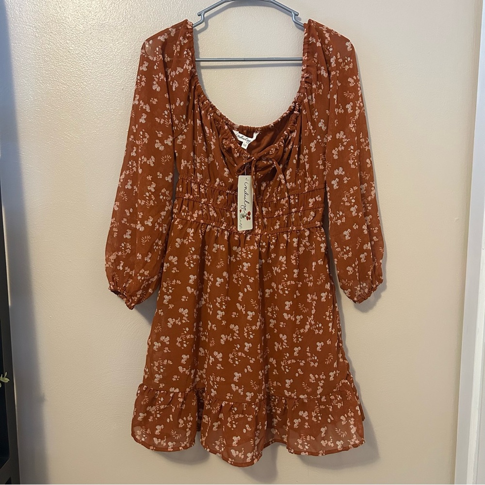 NWT Indulge Rust Floral Smocked Long Sleeve Mini Dress